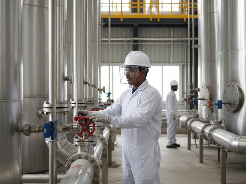 Process plant with pipes and tanks in a chemical unit
