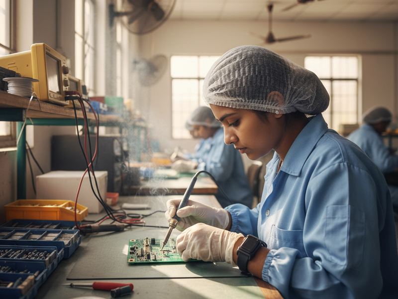 Circuit boards on an electronics assembly line