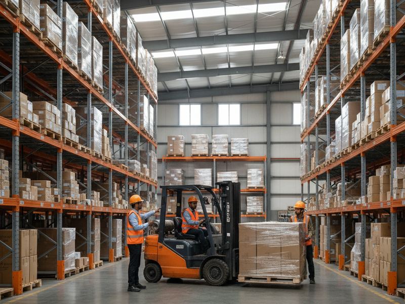 Racks and forklifts in a warehouse